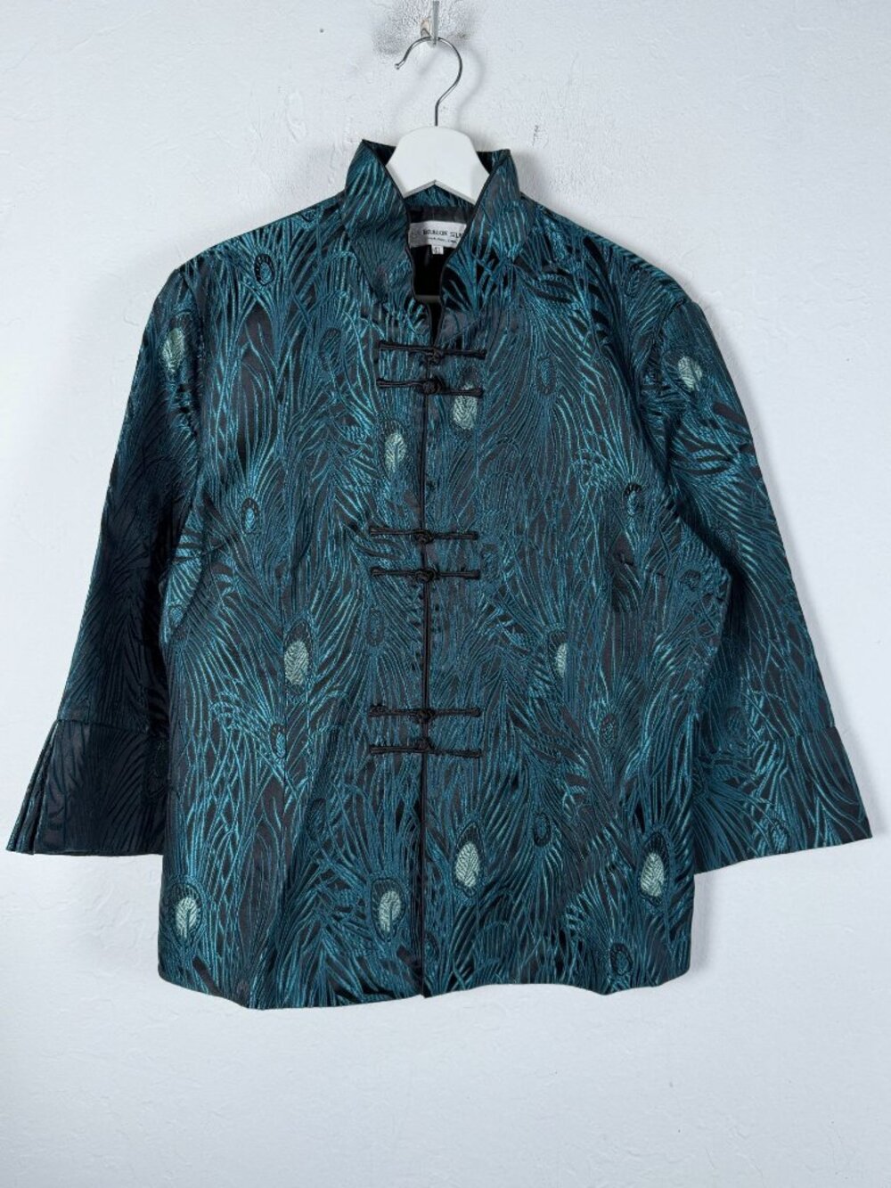 DRAGON SILK Womens 4XL Teal Blue Peacock Feather Brocade Mandarin Collar Jacket